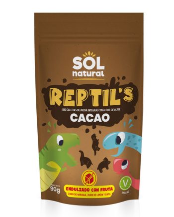 Galletas Cacao Avena integral y fruta REPTIL'S (forma de dinosaurios) Bio 90g Sol Natural