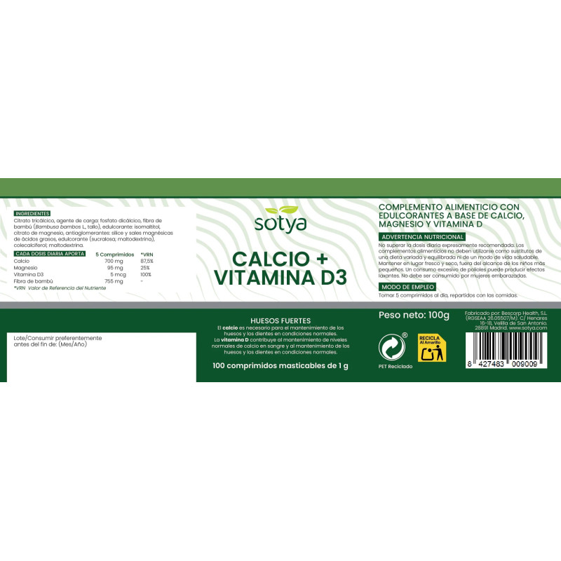 Calcio y vitamina D3 masticable 1 g 100 comprimidos Sotya