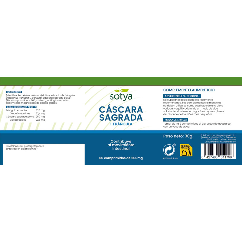 Cascara sagrada+Frangula 500mg 60 comprimidos Sotya