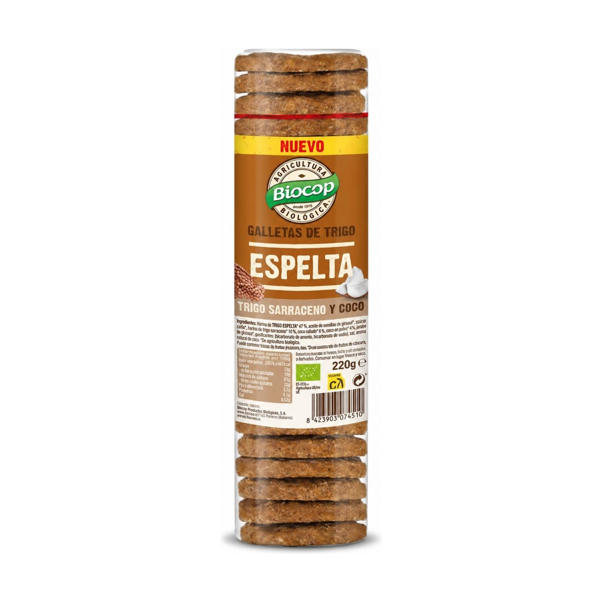 Galleta de trigo espelta con trigo sarraceno y coco Bio 220g Biocop