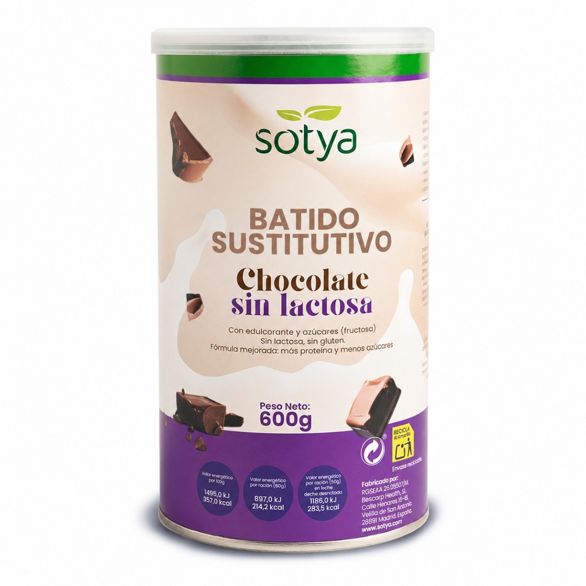Batido sustitutivo saciante de Chocolate Sin Lactosa 600g Sotya